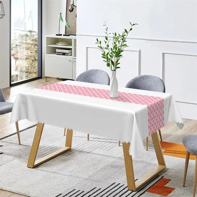 White Pink Argyle Dining Room Rectangle Tablecloth - Aperturee