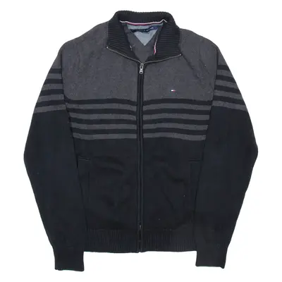 TOMMY HILFIGER Mens Patterned Cardigan Grey Striped High Neck Tight Knit L