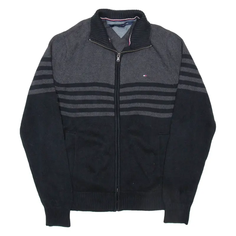 TOMMY HILFIGER Mens Patterned Cardigan Grey Striped High Neck Tight Knit L