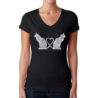 Cat Tail Hearts - Women's Word Art V-Neck T-Shirt - Black - XX-Large