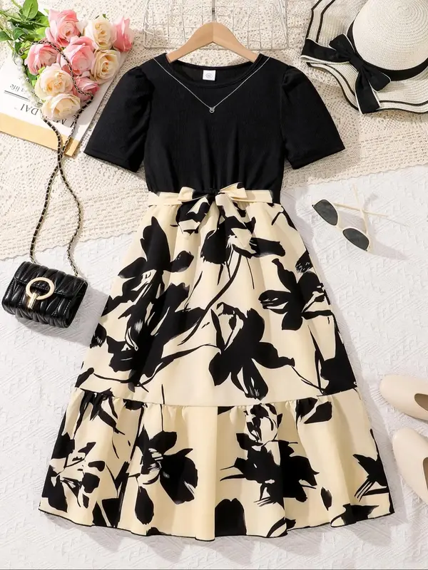 Girl's Colorblock Belted A Line Dress, Casual Short Sleeve Round Neck Dress for Summer, Kids Clothes for Daily Wear