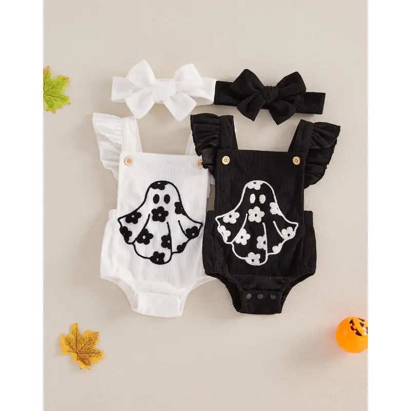 Newborn Baby Girl Halloween Clothes Sleeveless Ghost Embroidery Romper Infant Jumpsuit Cute Headband Set