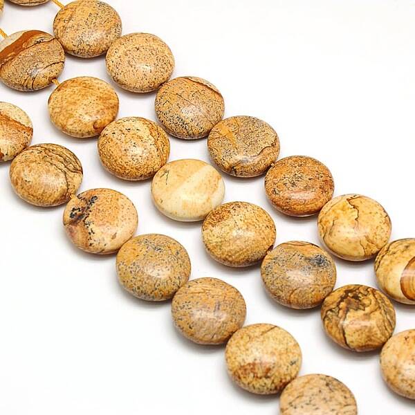 Natural Flat Round Picture Jasper Beads Strands