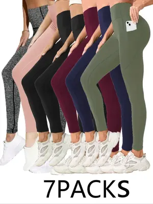 Women's Solid High Waist Pocket Sports Compression Leggings, Casual Comfy Breathable Skinny Compression Pants for Yoga Gym Wo...