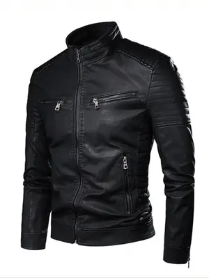 Men's Solid Zip Up Mock Neck Faux Leather Jacket, Slim Casual Long Sleeve Outerwear for Fall & Winter, Men's Clothes for Dail...