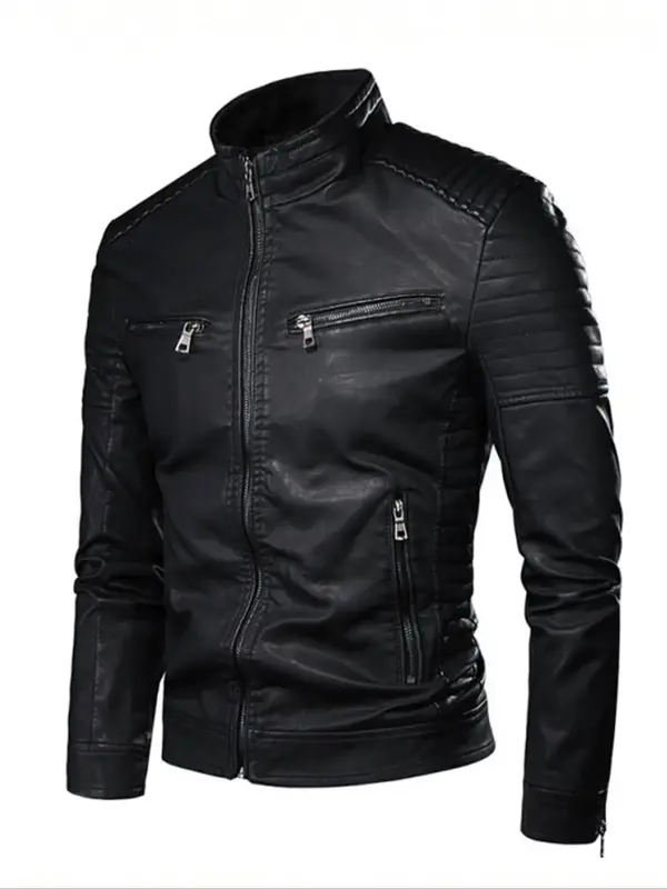Men's Solid Zip Up Mock Neck Faux Leather Jacket, Slim Casual Long Sleeve Outerwear for Fall & Winter, Men's Clothes for Dail...