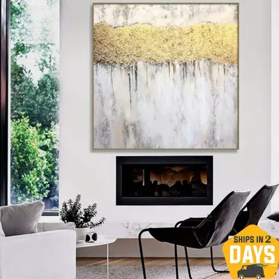 Original Minimalist Oil Painting Gold Leaf Wall Art on White Abstract Decor for Home | GOLDEN GROWTH 60"x60"