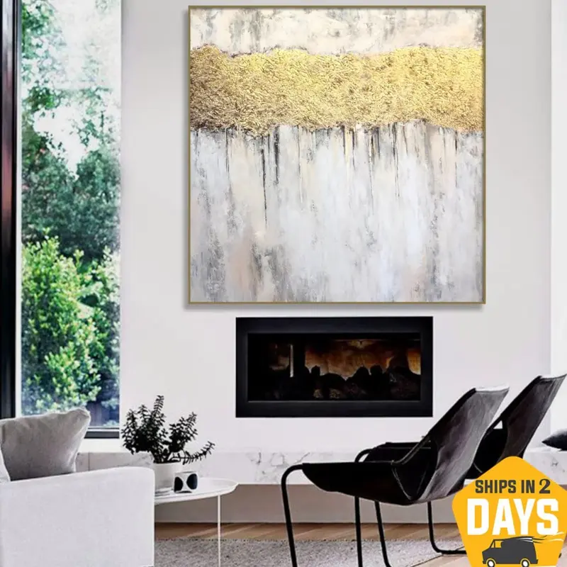 Original Minimalist Oil Painting Gold Leaf Wall Art on White Abstract Decor for Home | GOLDEN GROWTH 60"x60"