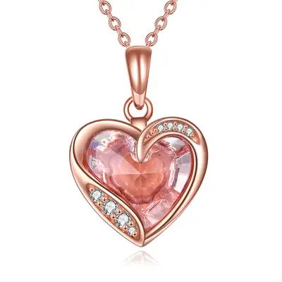 14K Rose Gold Crystal With Cubic Zirconia Heart Pendant Necklace