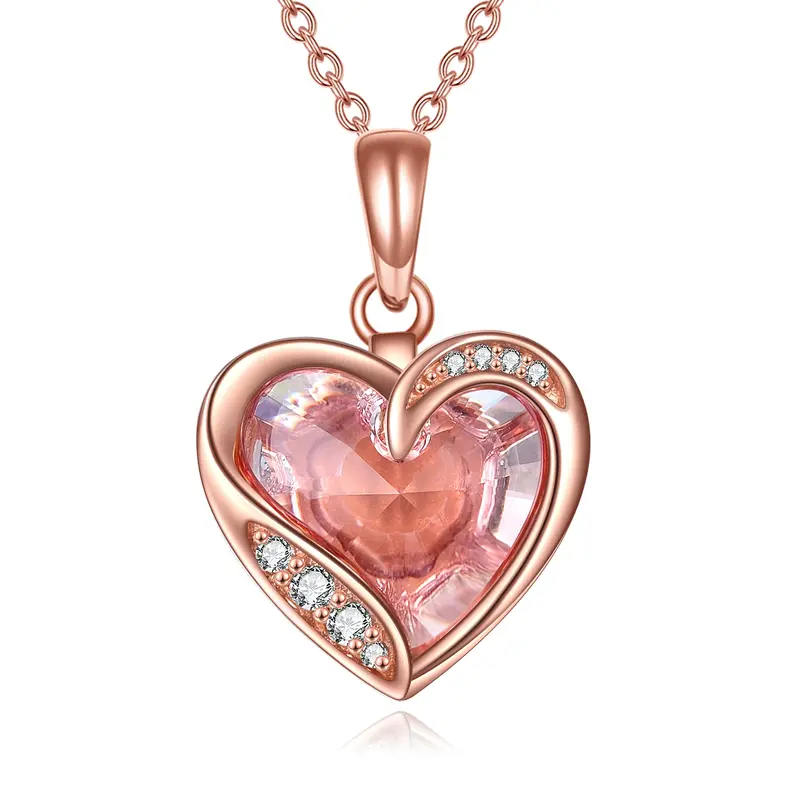 14K Rose Gold Crystal With Cubic Zirconia Heart Pendant Necklace