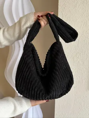 Women's Minimalist Elegant Shoulder Bag, Trendy Large Capacity Corduroy Bag, Fashionable Shoulder Bag & Crossbody Bag for Da...