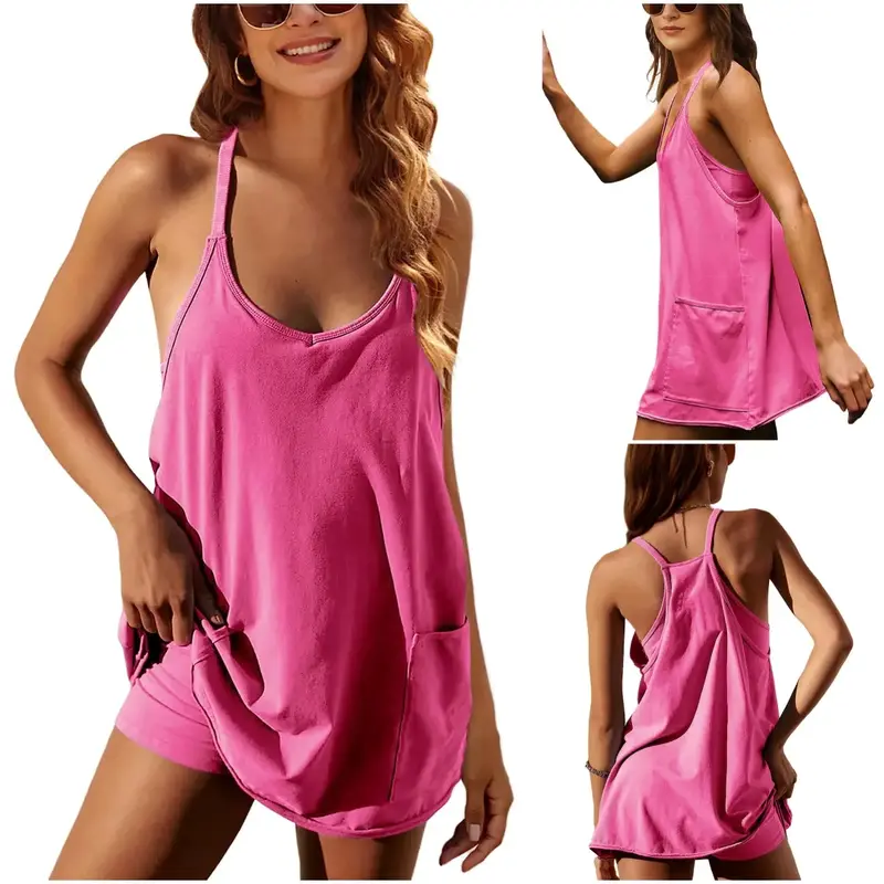UANEO Women's Summer Sleeveless Mini Dress V Neck Spaghetti Straps Athletic Built-in Shorts Sundress
