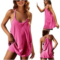 UANEO Women's Summer Sleeveless Mini Dress V Neck Spaghetti Straps Athletic Built-in Shorts Sundress