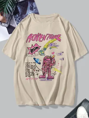 Men's Letter Graphic Round Neck Short Sleeve Tee, Summer Clothes, Regular Fit Astronaut Print Crew Neck T Shirt, Streetwear ...