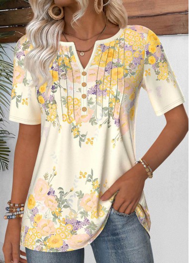 Modlily Light Yellow Short Sleeve Split Neck T Shirt - XXL