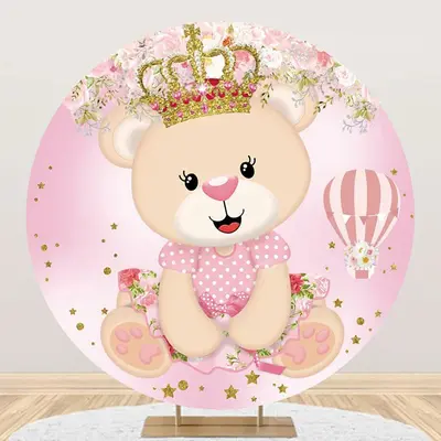 Pink Crown Bear Floral Circle Baby Shower Backdrop - Aperturee