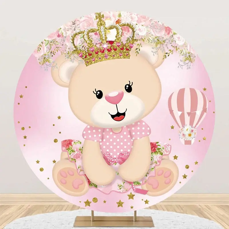 Pink Crown Bear Floral Circle Baby Shower Backdrop - Aperturee