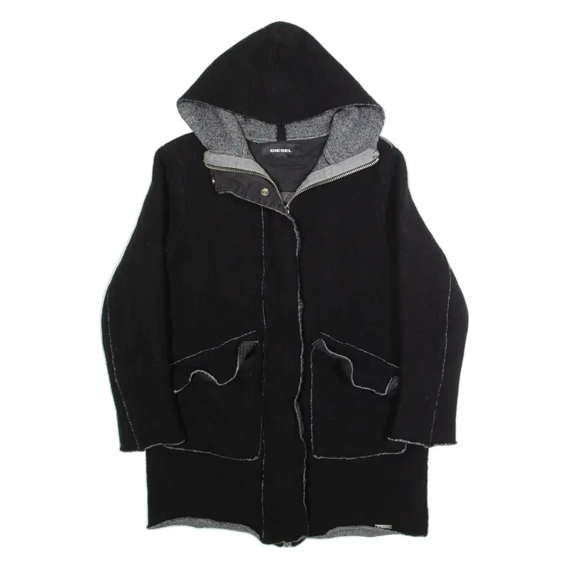 DIESEL Mens Overcoat Jacket Black Wool Hooded XS