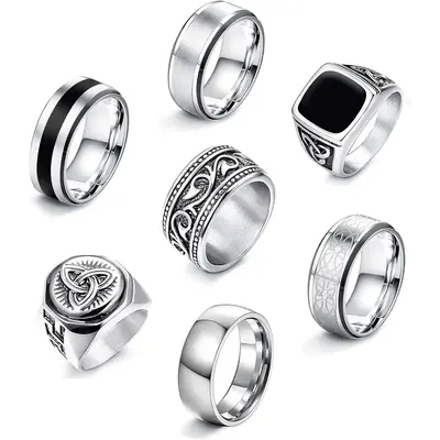 FLORIDECO Men's 7-Piece Stainless Steel Ring Set - Silver Matte Polished Celtic Knot & Gothic Biker Designs - Durable Waterpr...