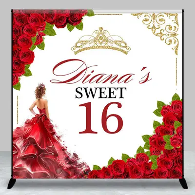 Aperturee Red Floral Custom Name Sweet 16 Birthday Backdrop | Happy Birthday Backdrop | Custom Birthday Back Drop | Custom Bi...