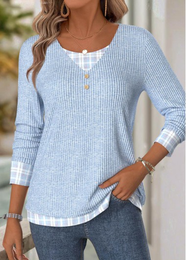 Modlily Light Blue Plaid Long Sleeve V Neck T Shirt - XL