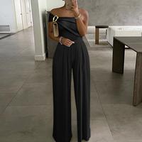 ChicMe Women's Cold Shoulder Ruched Buckle Wide Leg Jumpsuit Outfit Fabric Elegance Womenswear