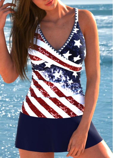 Modlily Surplice Flag Print Navy Tankini Set - M
