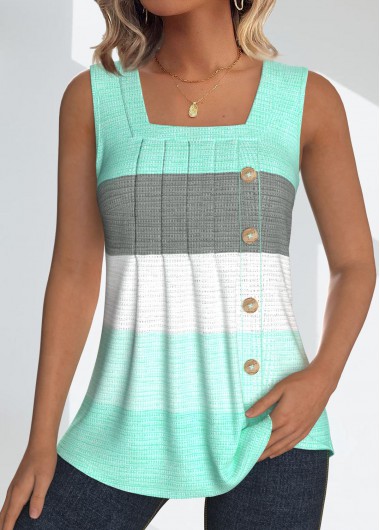 Modlily Mint Green Button Striped Sleeveless Square Neck Tank Top - XXL