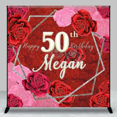 Red Pink Roses Custom Name 50th Birthday Backdrop - Aperturee