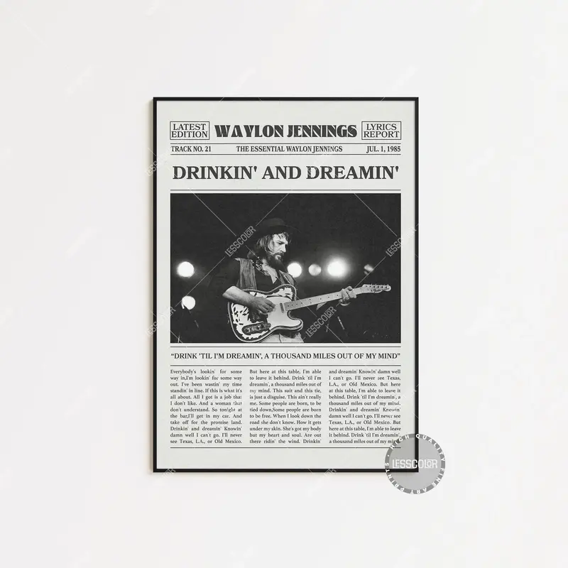 Waylon Jennings Retro Newspaper Print Poster, Drinkin’ And Dreamin Poster No Frame, Turn The Page Poster