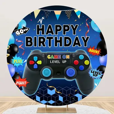 Round Gamepad Balloons Ribbons Blue Birthday Backdrop - Aperturee
