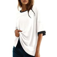 Dokotoo Summer Tops for Women 2025 Loose Oversized T Shirts Crewneck Color Block Side Slits Basic Tee Blouses