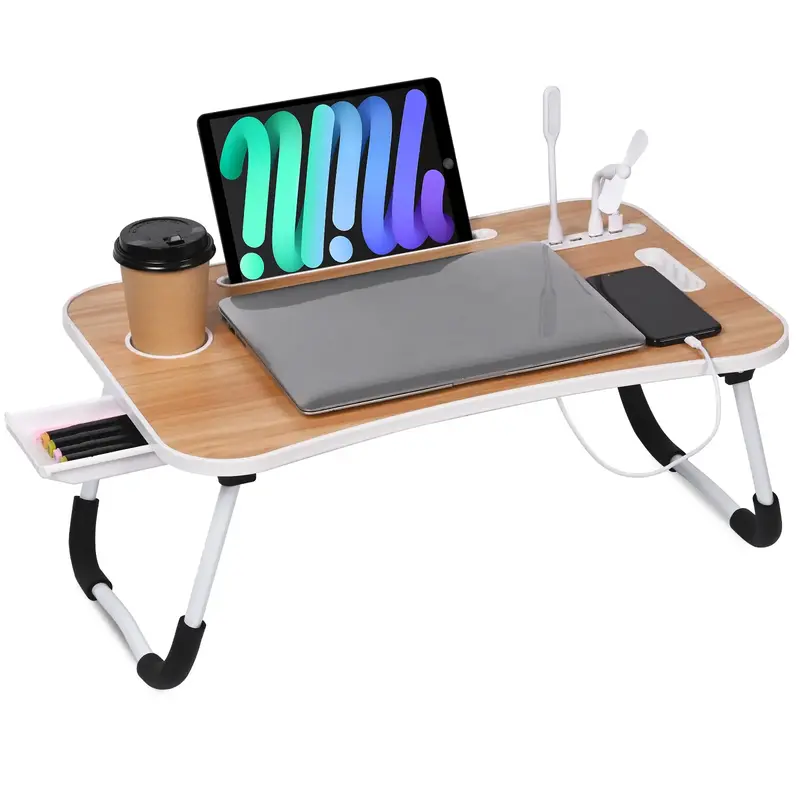 Foldable Laptop Table, Portable Lap Desk Bed Table Tray, Laptop Stand with Cup Holder & Tablet Slot & Lifting Handle for Work...