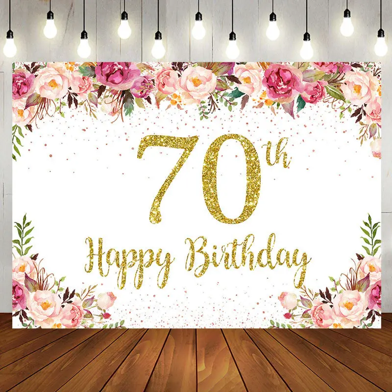 Pink Floral Glitter Gold White 70th Birthday Backdrop - Aperturee