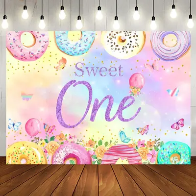 Donut Candy Floral Butterfly 1st Birthday Backdrop - Aperturee
