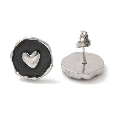 304 Stainless Steel Flat Round with Heart Stud Earrings
