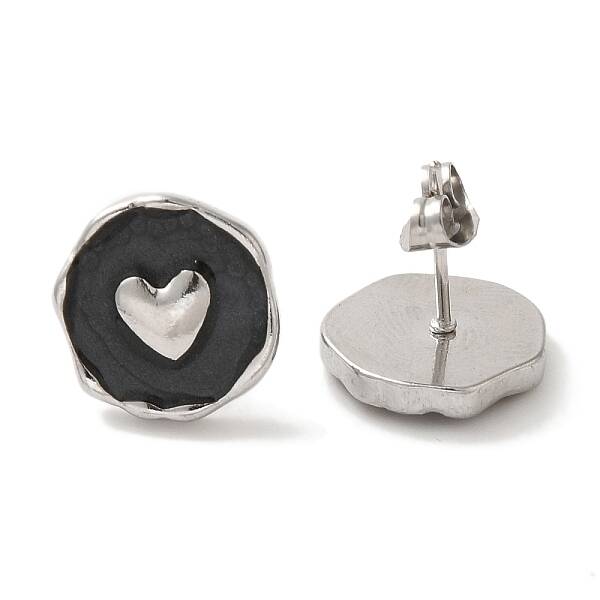 304 Stainless Steel Flat Round with Heart Stud Earrings