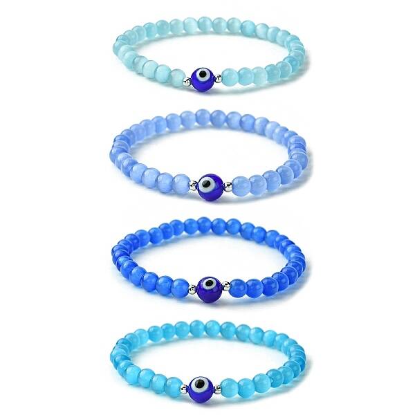 Cat Eye & Evil Eye Lampwork Beaded Stretch Bracelet