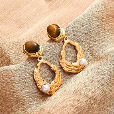 304 Stainless Steel Tiger Eye Stone Oval Dangle Stud Earrings