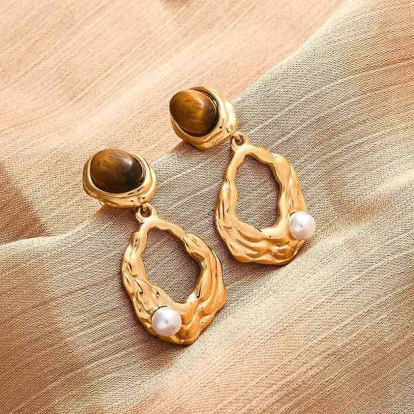 304 Stainless Steel Tiger Eye Stone Oval Dangle Stud Earrings
