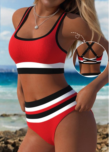 Modlily Mid Waisted Striped Red Bikini Set - S
