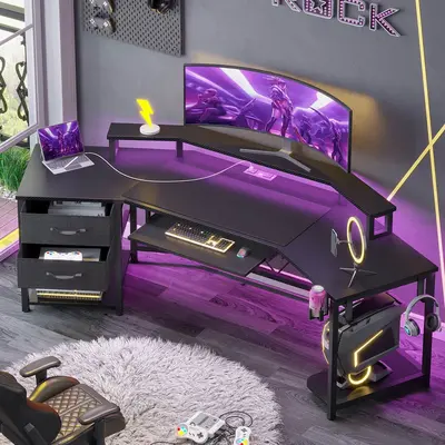 Sikaic 79 Inches Wing Shaped LED Gaming Desk With 2 Fabric Drawers Storage Shelf Furniture Ergonomic Modern Drop Down Table A...
