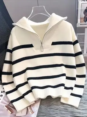 Women's Striped Print Zipper Drop Shoulder Sweater, Casual Long Sleeve Collared Jumper for Daily Outdoor Wear, Women Knitwear...