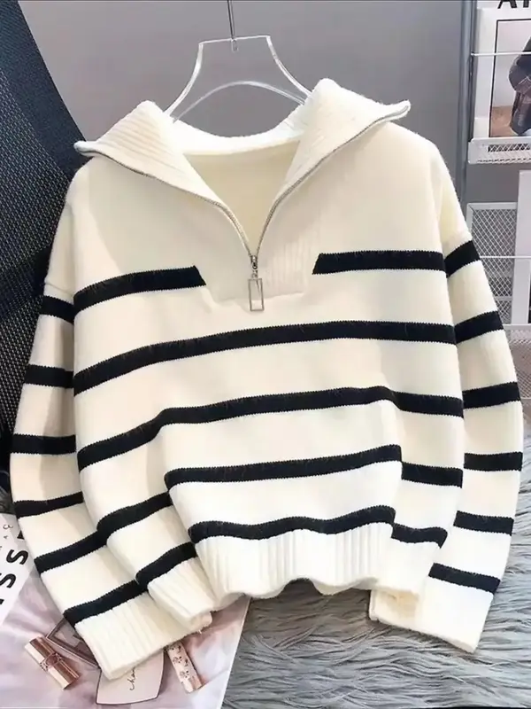 Women's Striped Print Zipper Drop Shoulder Sweater, Casual Long Sleeve Collared Jumper for Daily Outdoor Wear, Women Knitwear...