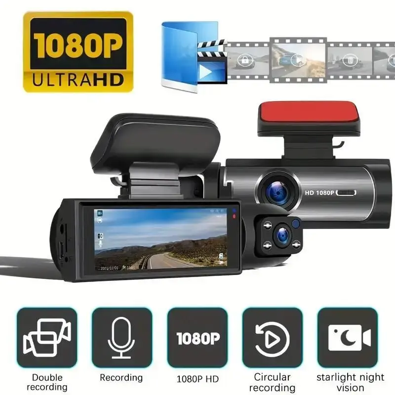 Whatook 1080P Dual Camera Dash Cam - IR Night Vision, Wide Angle Lens, Loop Recording, 3.16 Inch IPS Screen, Parking Mode, 32...