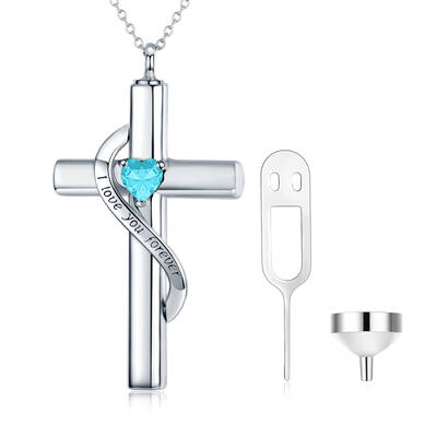 Sterling Silver Heart Cut Cubic Zirconia Cross Urn Necklace for Ashes