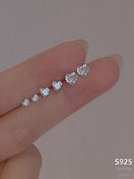 S925 Sterling Silver Heart Shaped Earrings, 3 Pairs Inlaid Zircon Stud Earrings, Artificial Zircon Earrings, Classic Jewelry ...