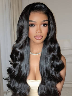 200% Density 13x4 Lace Frontal Body Wave Black Wig Pre Plucked Hairline 100% Human Hair