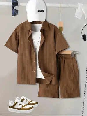 Two-piece Set Boy's Solid Button Front Shirt & Shorts Set, Casual Short Sleeve Collared Top & Shorts, Kids Summer Clothes for...