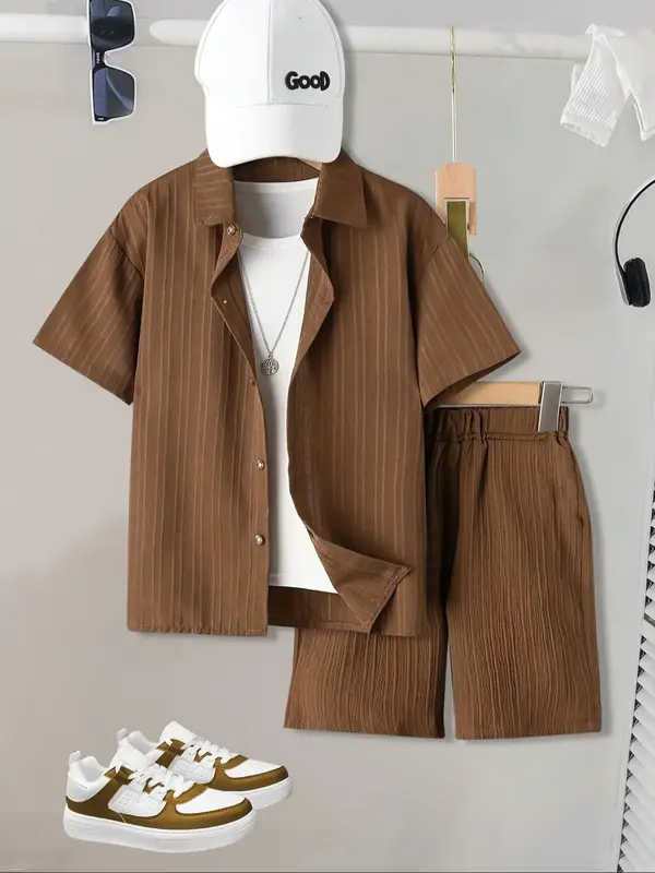 Two-piece Set Boy's Solid Button Front Shirt & Shorts Set, Casual Short Sleeve Collared Top & Shorts, Kids Summer Clothes for...